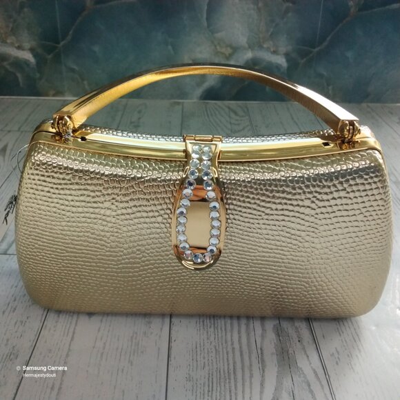 3-Way Gold Clutch Evening Bag Solid Handle Crystal Latch Removable Chain Strap - Picture 6 of 8